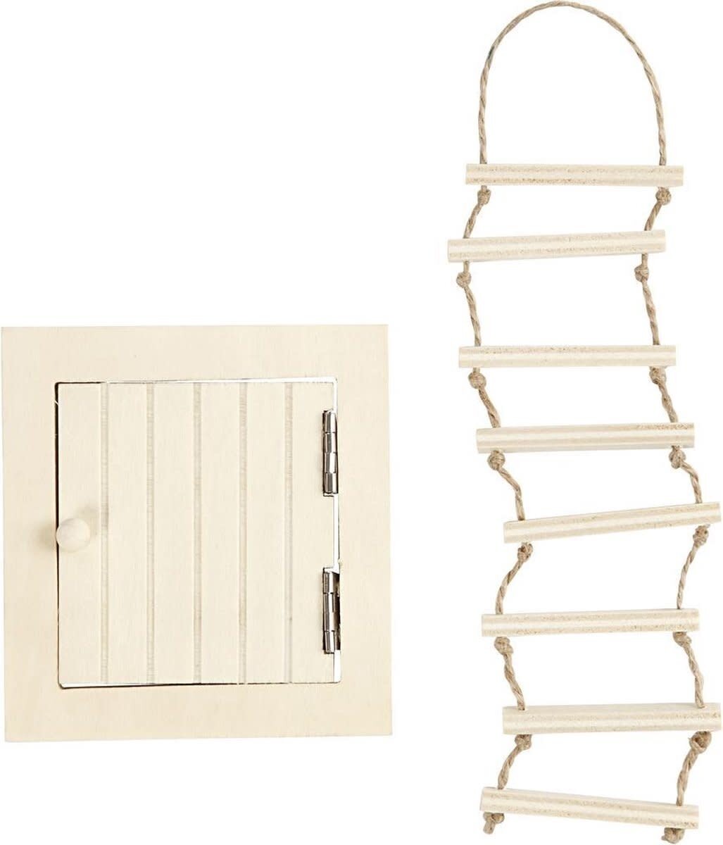 Creotime Houten miniatuur Zolderluik en Touwladder