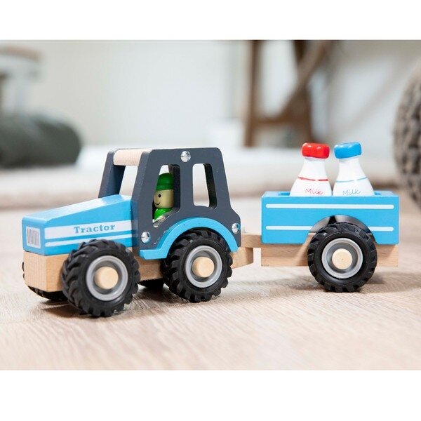 New Classic Toys Houten Tractor met Aanhanger - Melkbussen | Speel je Wijs