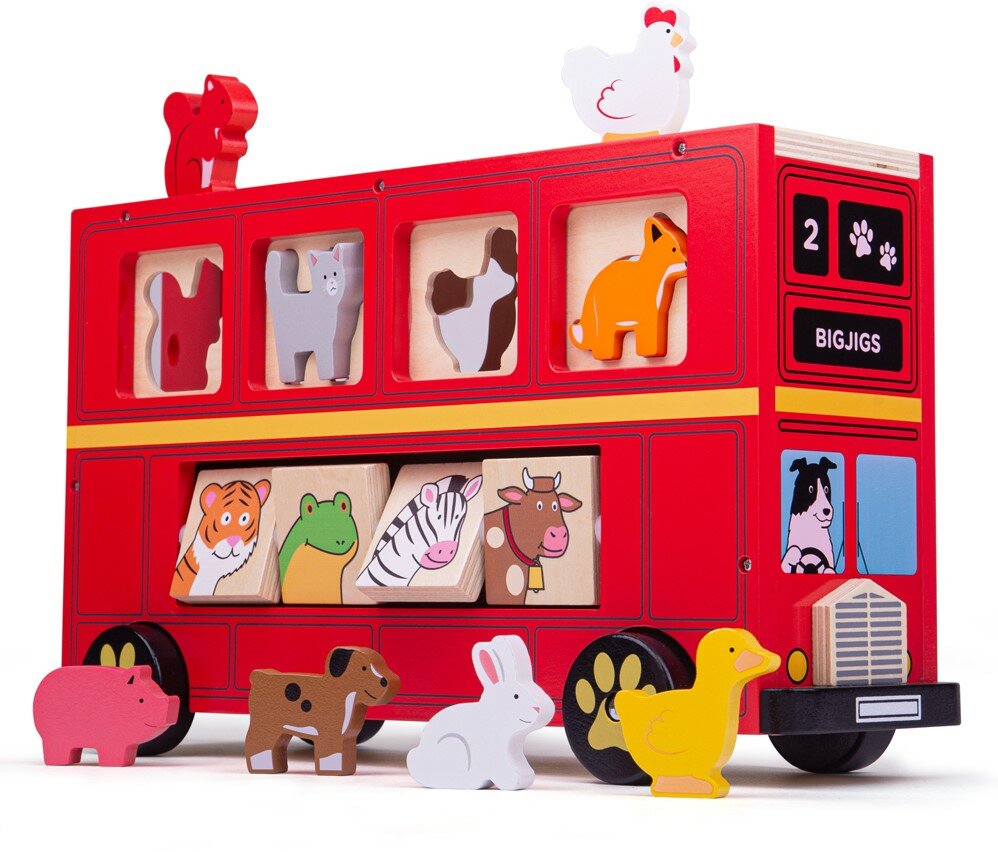 Bigjigs - Rode Dierenbus met vormen - peuterspeelgoed| Speel je Wijs