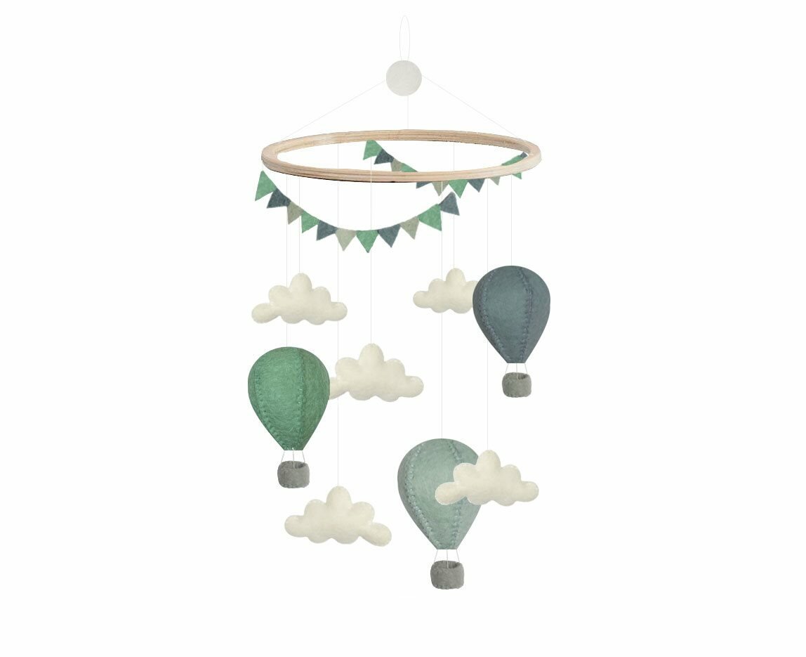 Gamcha Mobiel - Luchtballonnen Mint/Blauw 100% wolvilt | Speel je Wijs