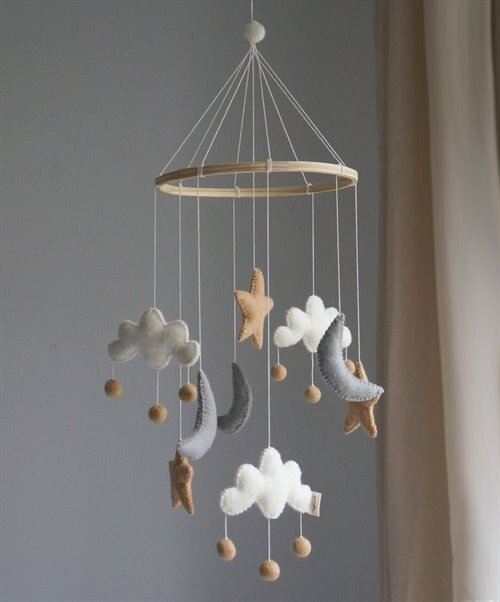 Gamcha Muziekmobiel / Boxmobiel - Wolk Maan Ster - Beige /Grijs 100% wolvilt | Speel je Wijs