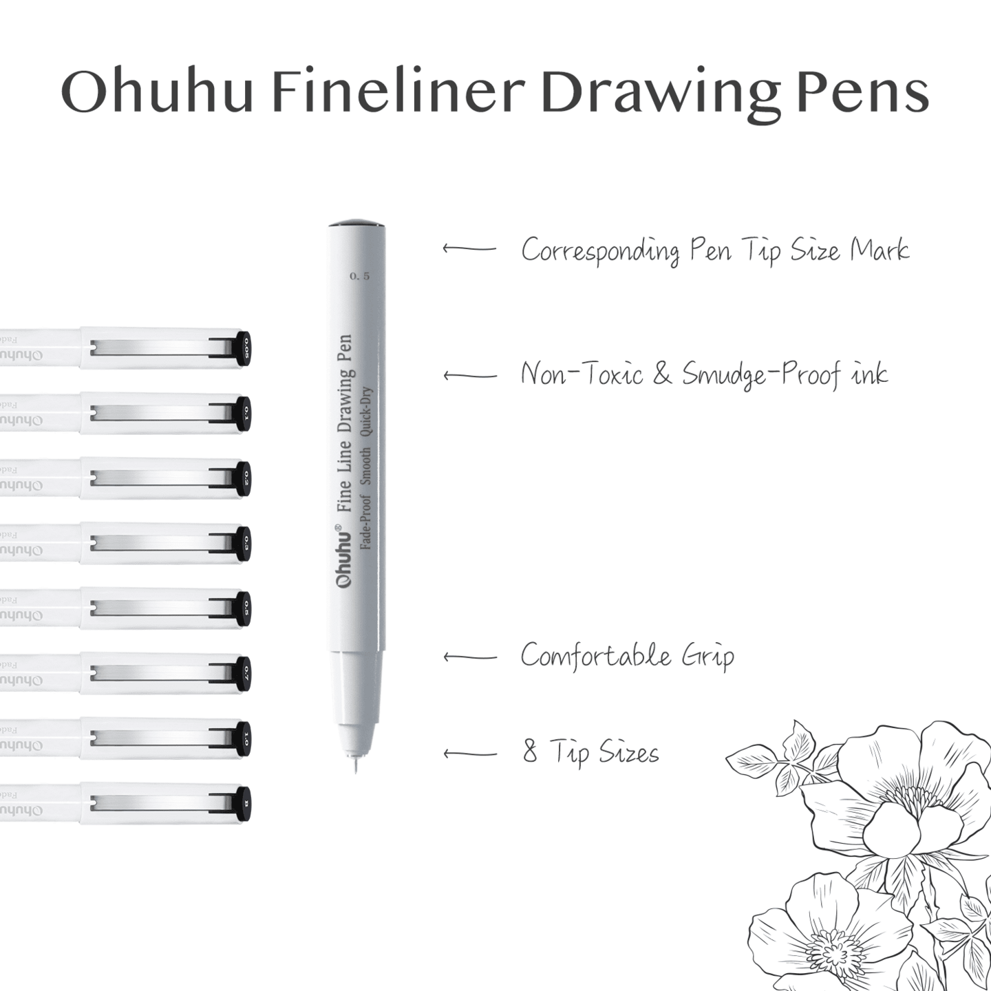 Ohuhu Fineliners - Zwart - Set van 8 | Speel je Wijs