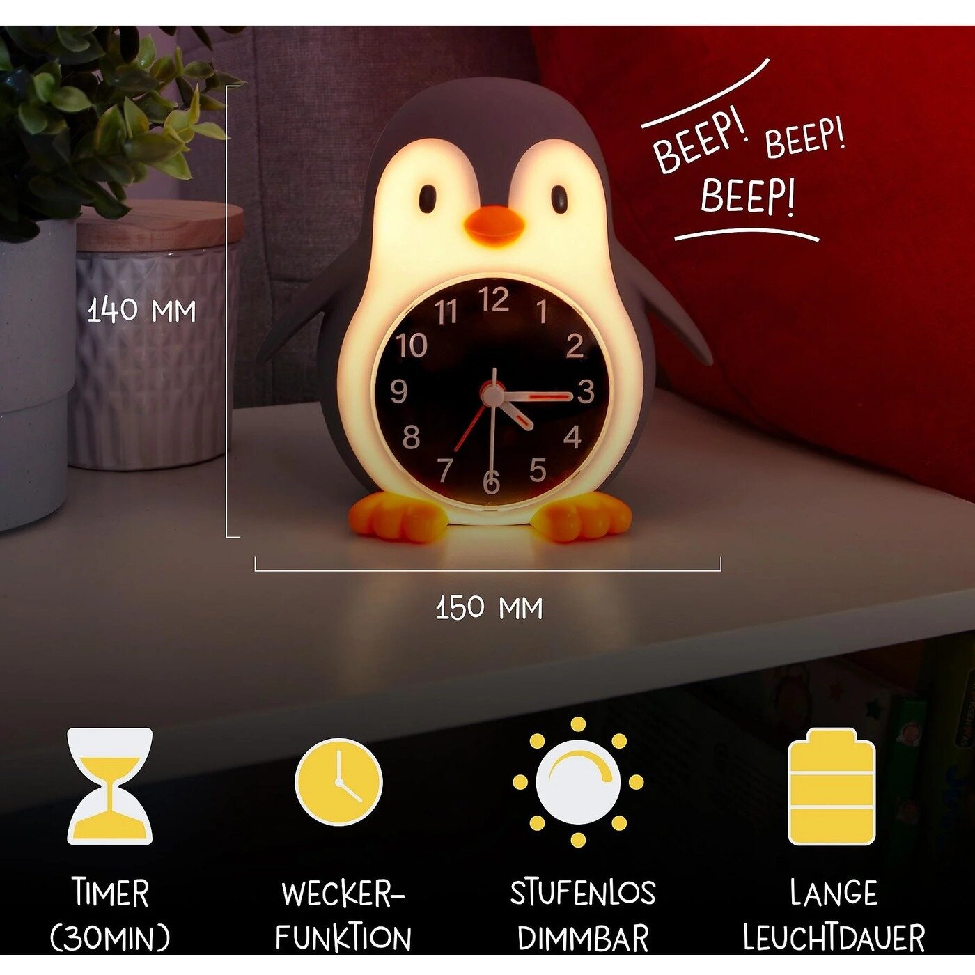 Nachtlamp USB met wekker - Pingu&iuml;n 13 cm | Speel je Wijs