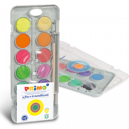 PRIMO  Aquarelverf tablet/penseel  - 8 metal+4 fluo