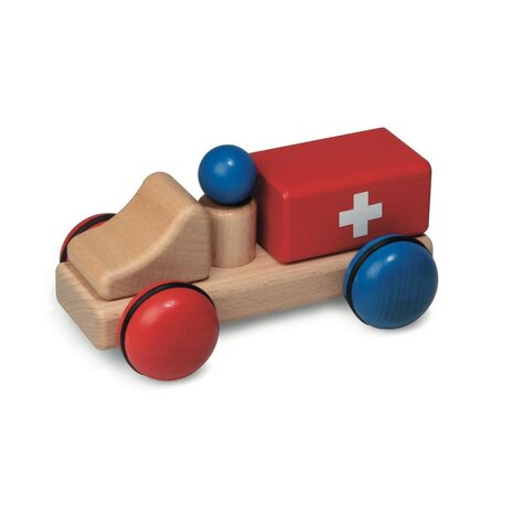 Houten mini ambulance 15 cm + 1 poppetje