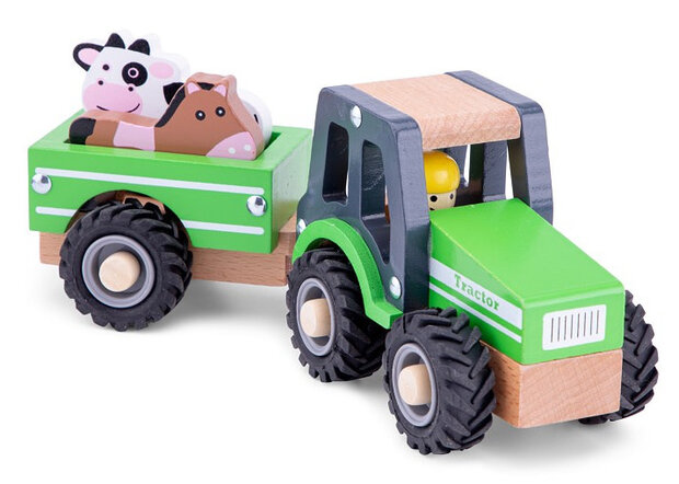 New Classic Toys Groene Houten Tractor met Aanhanger