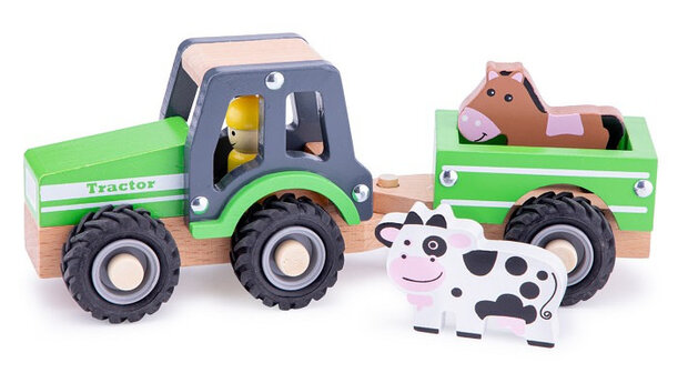 New Classic Toys Groene Houten Tractor met Aanhanger