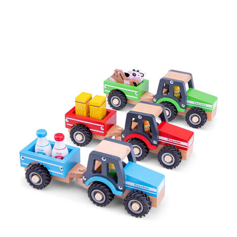New Classic Toys Blauwe Houten Tractor met Aanhanger