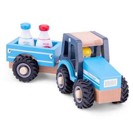 New Classic Toys Blauwe Houten Tractor met Aanhanger