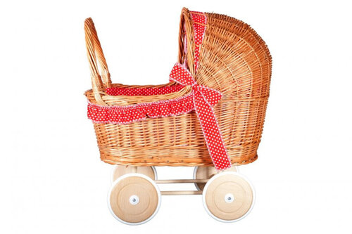 Rieten Poppenwagen Rood met Witte Stippen