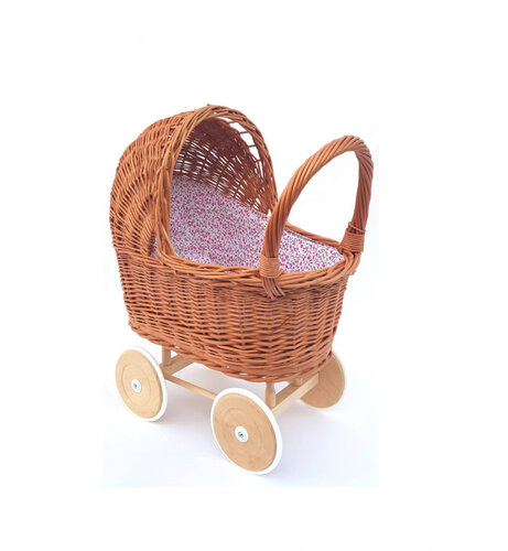 Rieten poppenwagen met Bloemetjes Stof