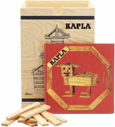 Kapla-Houten Kist met 280 Plankjes Blank | Met voorbeeldboek / Rood