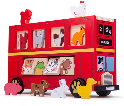 Bigjigs - Rode Dierenbus met vormen Bigjigs - Rode Dierenbus met vormen