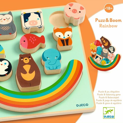 Djeco Puzz & Boom Houten Puzzel en Stapeltoren - Regenboog 18m+