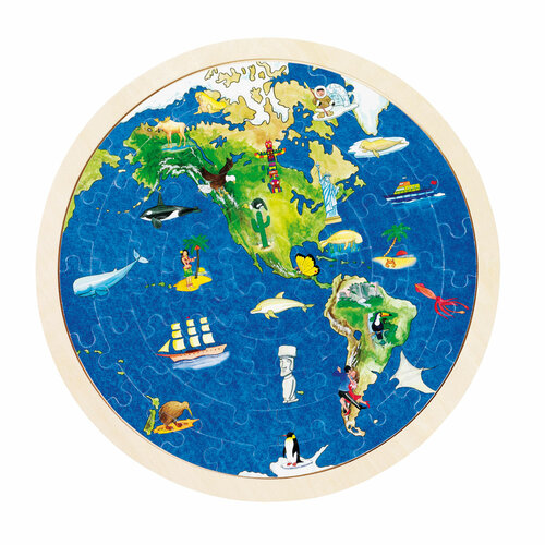 Goki Dubbelzijdige Houten Puzzel - Wereldbol 4+