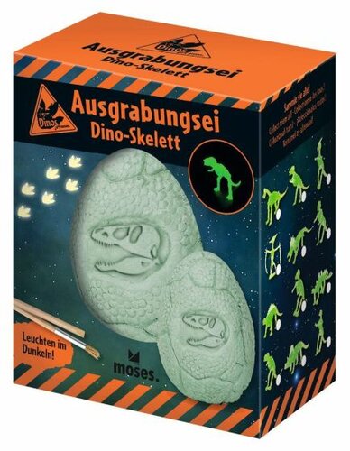 Moses Dino uithak ei glow in the dark skelet