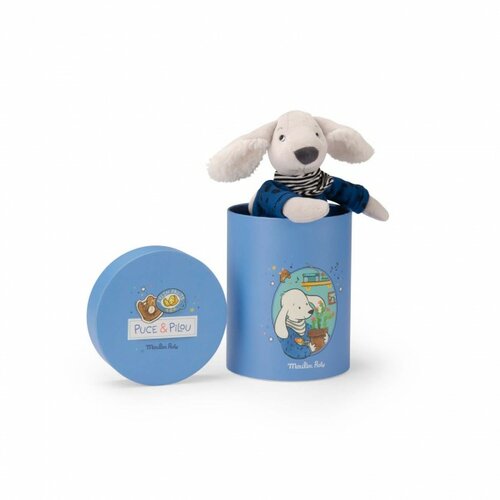 Moulin Roty Knuffel hond Puce - blauw in Box "Puce & Pilou"