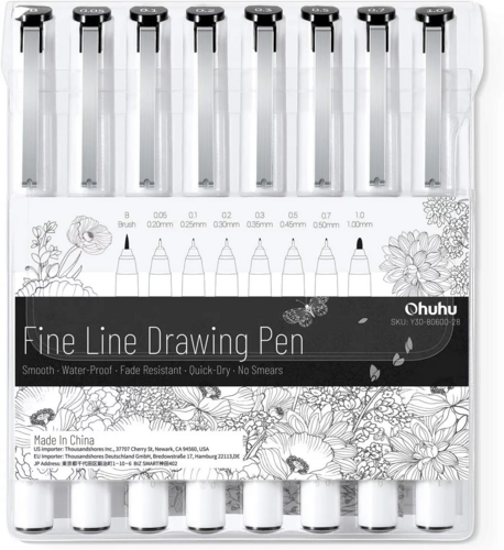 Ohuhu Fineliners - Zwart - Set van 8