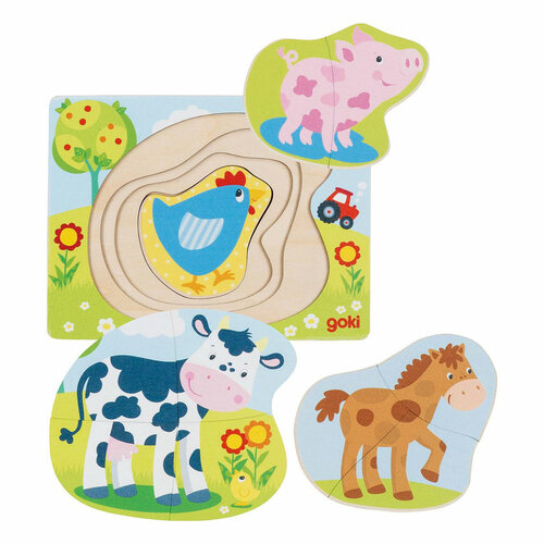Goki Houten Lagenpuzzel - Boerderijdieren 2+